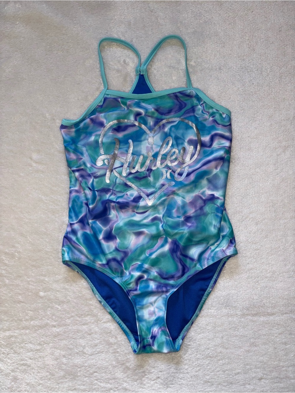 Hurley Girls' Teal & Purple Marble One-Piece Swimsuit size Medium 7/8